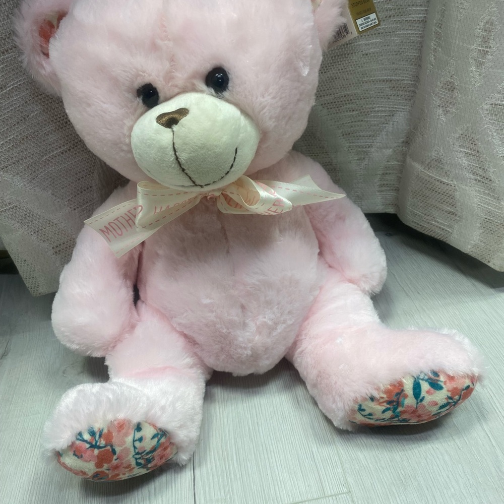 Blush Pink Plush Teddy Bear with Floral Paw Accents and Happy Mother’s Day Bow